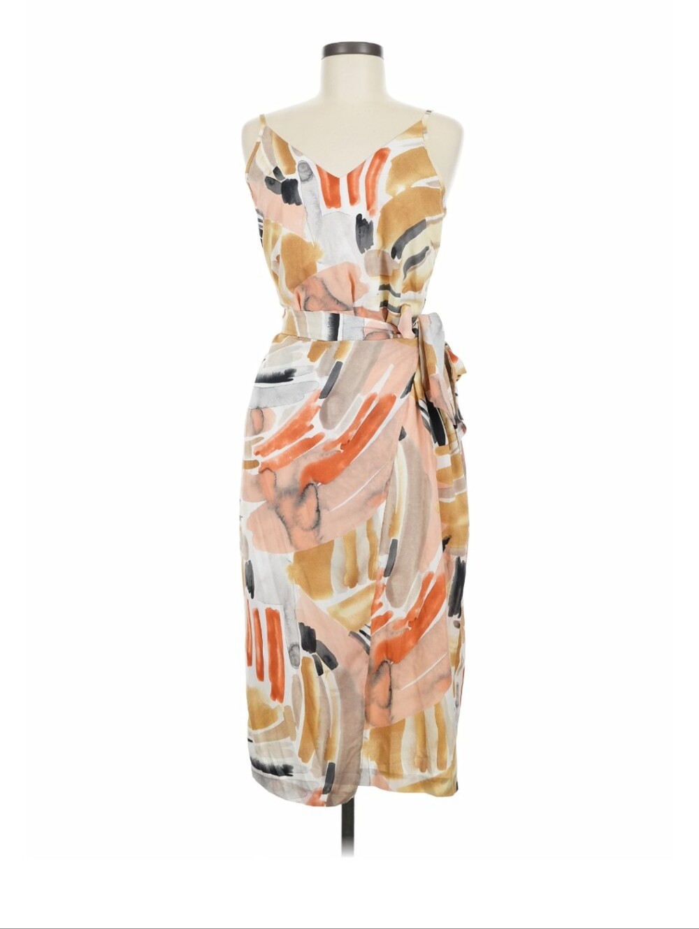 Angashion Women's Abstract Print Satin Wrap Midi Dress | Size L